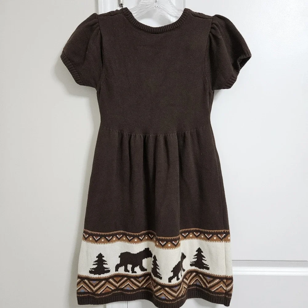 Gymboree Sweater Dress Girls 10 Brown Bear Fair Isle Cable Knit Cotton Short Slv